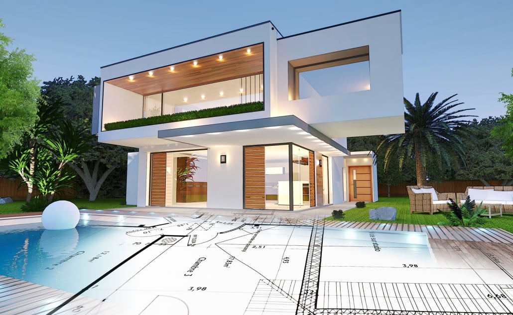 A conceptual architectural rendering showing a finished modern two-storey house with a swimming pool and luxury lighting, overlaid with a technical floor plan in the foreground.