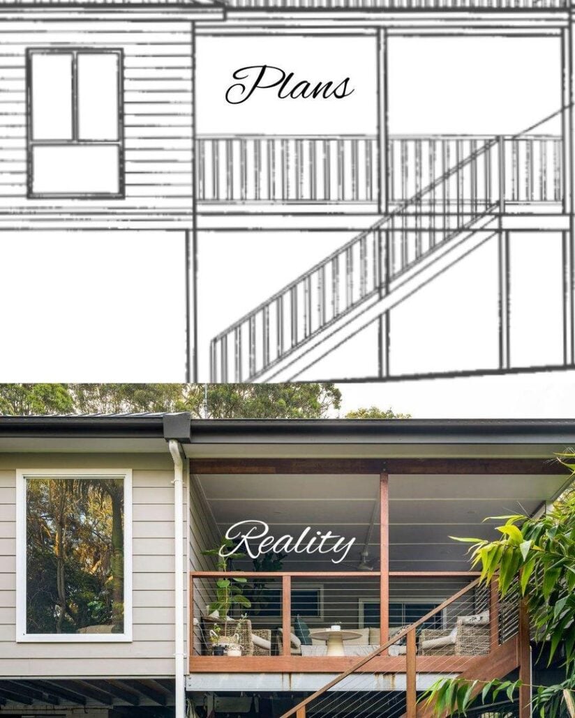 A split-image comparison showing an architectural line drawing of a house extension labelled