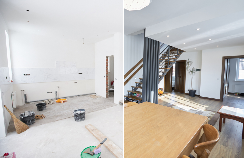 A side-by-side comparison showing a room under construction with bare walls and tools on the left, and the finished, modern living space with a wooden staircase and dining table on the right.