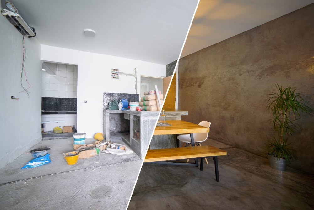 A split before-and-after image showing an interior kitchen area under construction with exposed wires.
