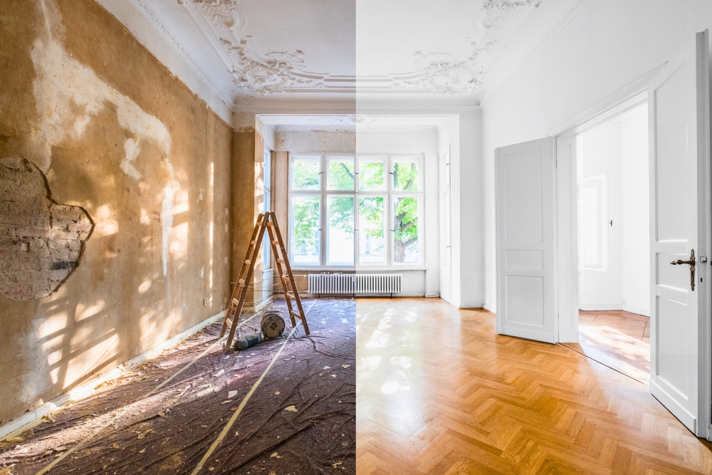 A split before-and-after image of a home renovation.