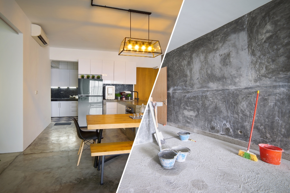 A split before-and-after image of a home renovation.
