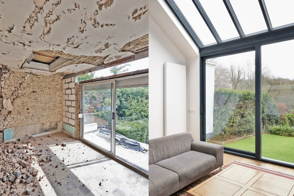 A split before-and-after image of a home extension.