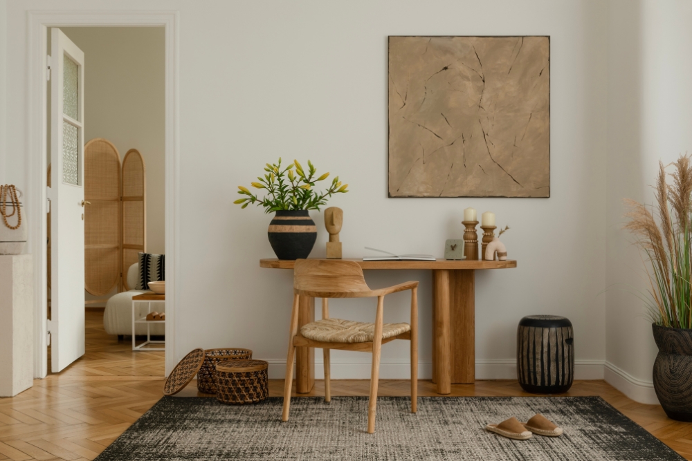 A stylishly decorated home workspace featuring a minimalist wooden desk and chair on a textured dark rug.