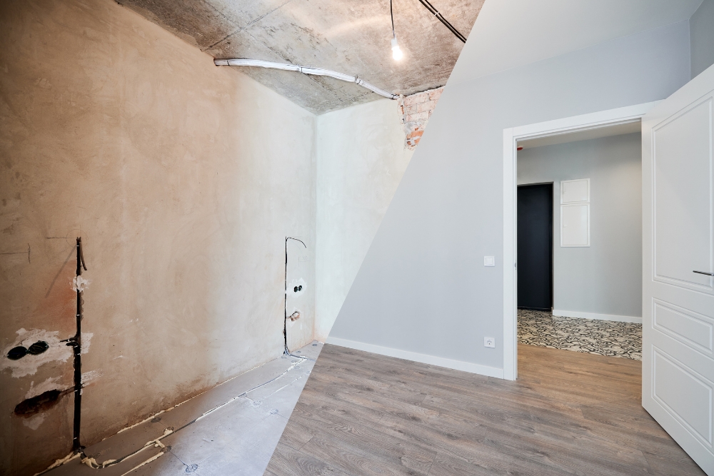 A split-screen comparison image showing a room before and after renovation