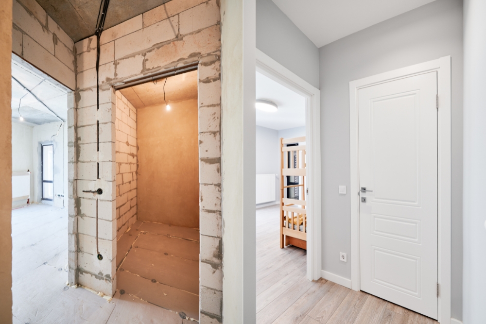 A side-by-side comparison image showing a room during construction