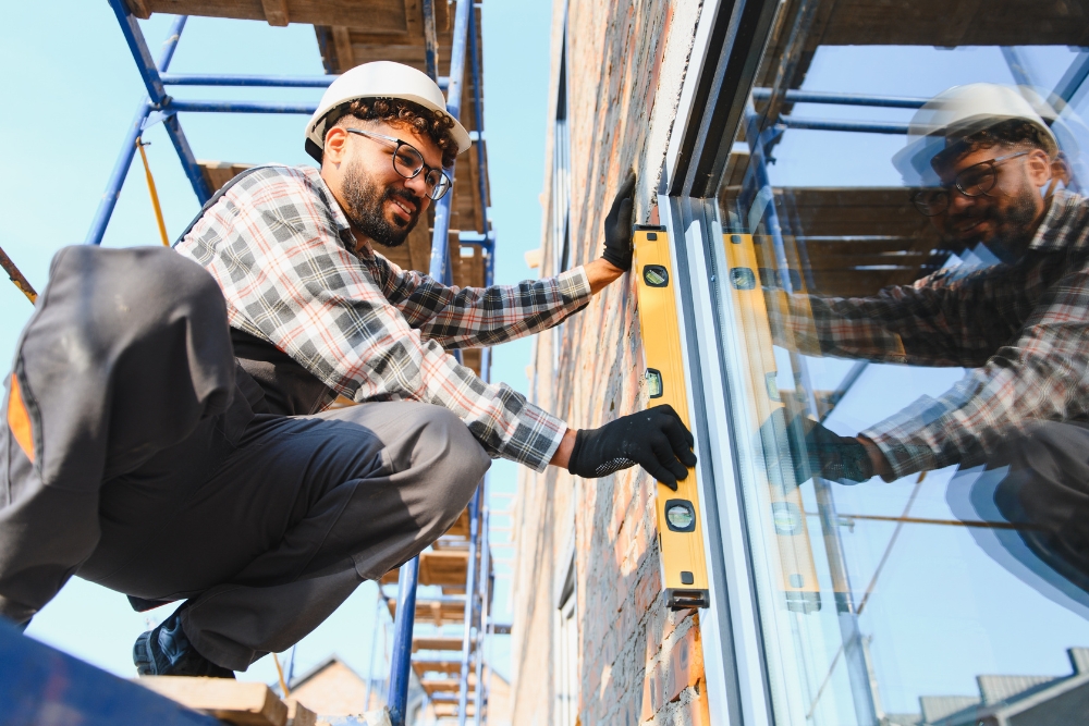 A construction worker wearing a hard hat and safety glasses crouches on scaffolding, using a yellow spirit level to check the alignment of a window frame on a brick wall.