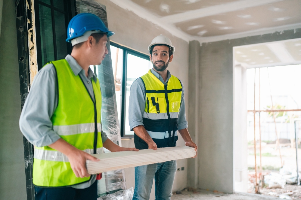 Two builders in safety vests and hard hats carry a large construction board together inside an unfinished house.