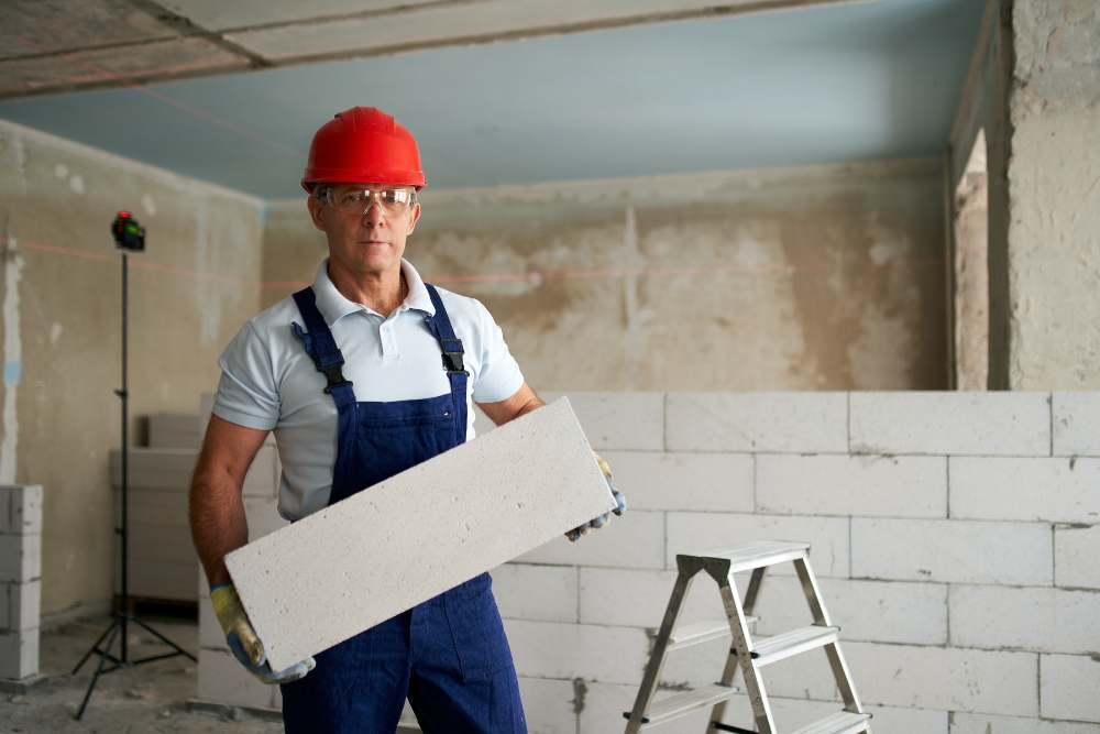 A male construction worker wearing a red hard hat, safety glasses, and blue overalls holds a large white concrete block inside an apartment under renovation
