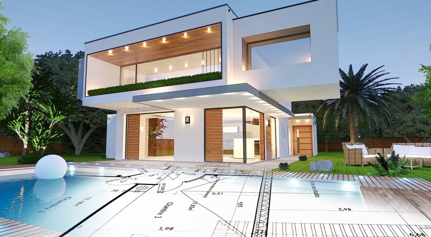 A conceptual architectural rendering showing a finished modern two-storey house with a swimming pool and luxury lighting, overlaid with a technical floor plan in the foreground.